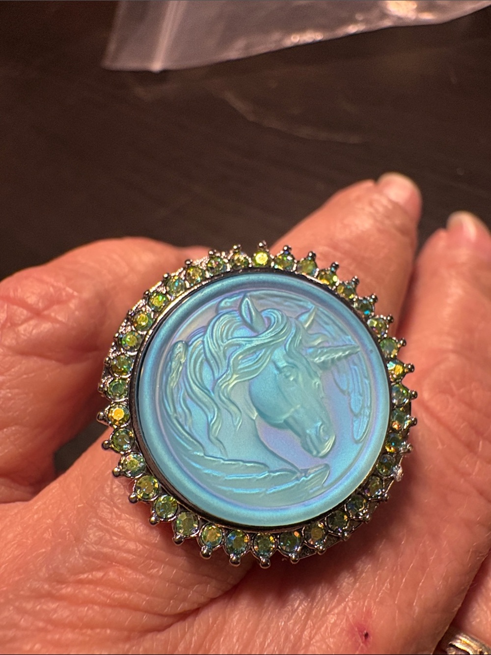 Kirks Folly Blue Opalescent Unicorn Ring with Green Accent Stones